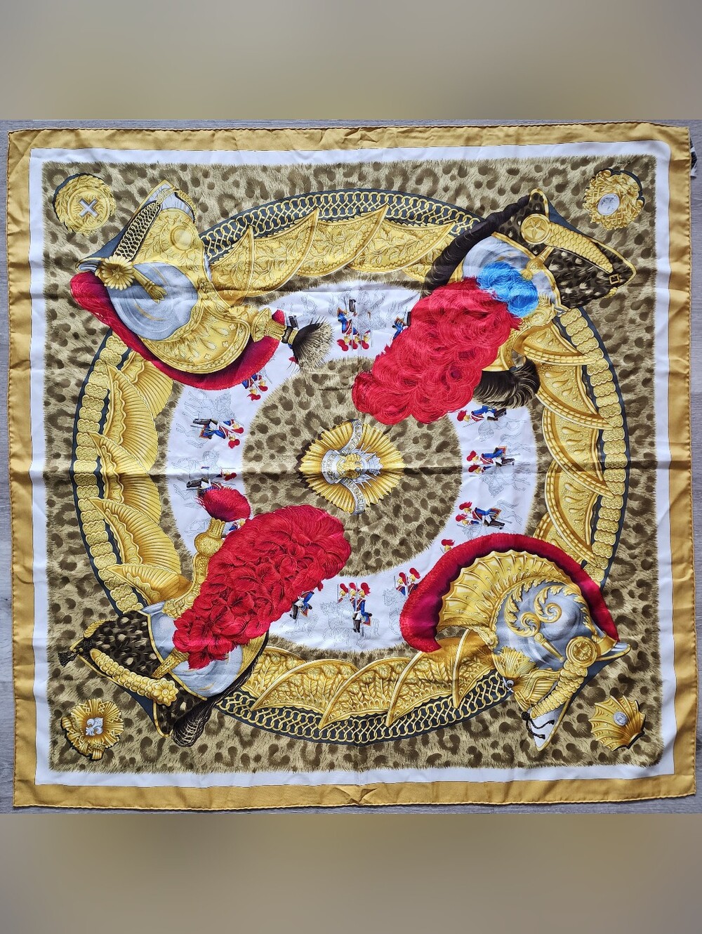 Auth Hermes 90 Silk Scarf with Gold, Red, Cream and Brown Equestrian Motif